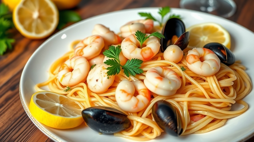 Delicious Seafood Linguine with Garlic and White Wine A plate of seafood linguine with shrimp, scallops, and mussels, garnished with parsley and lemon.